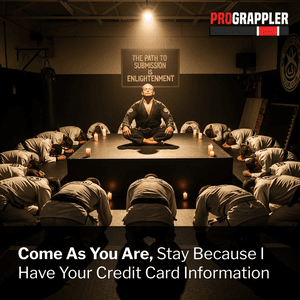 A jiu jitsu instructor sitting on a table surrounded by bowing students